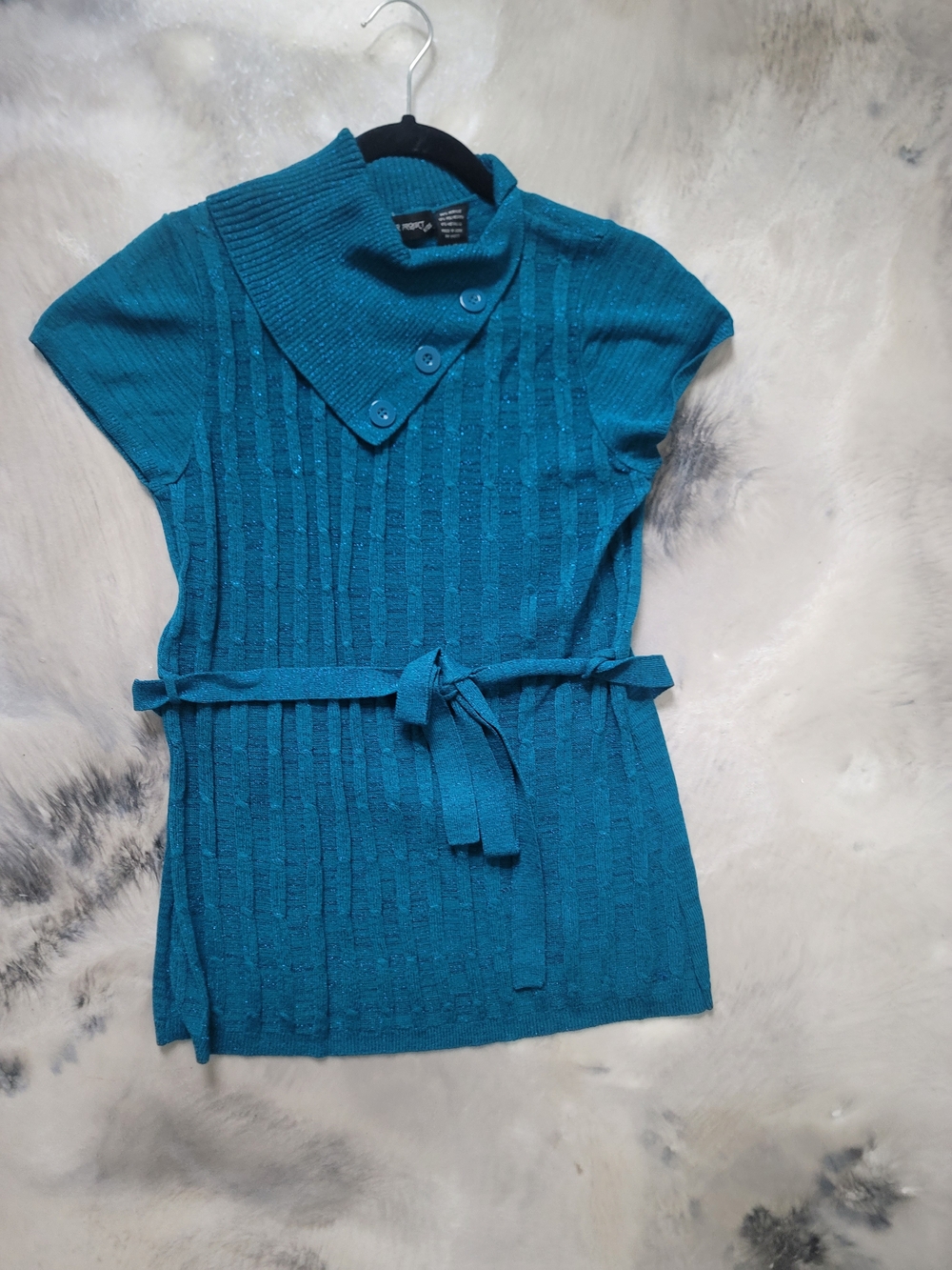 Sweater Project Teal Metallic Ribbed Short-Sleeve Tunic with Belt